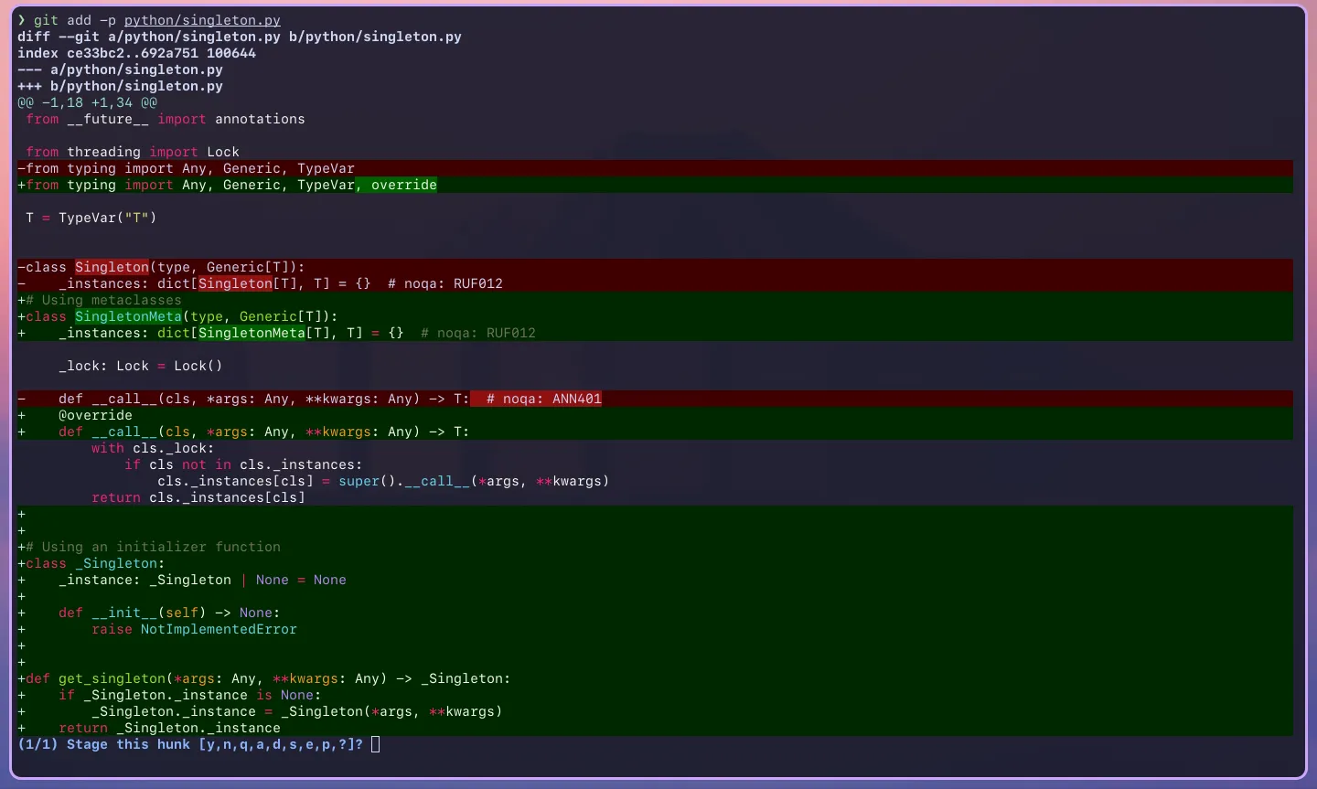 Initial selection of hunks after running git add -p