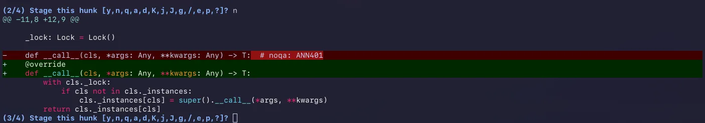 The third hunk showing the addition of the override decorator to call