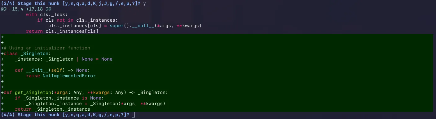 The last hunk showing a new Singleton class and initializer function